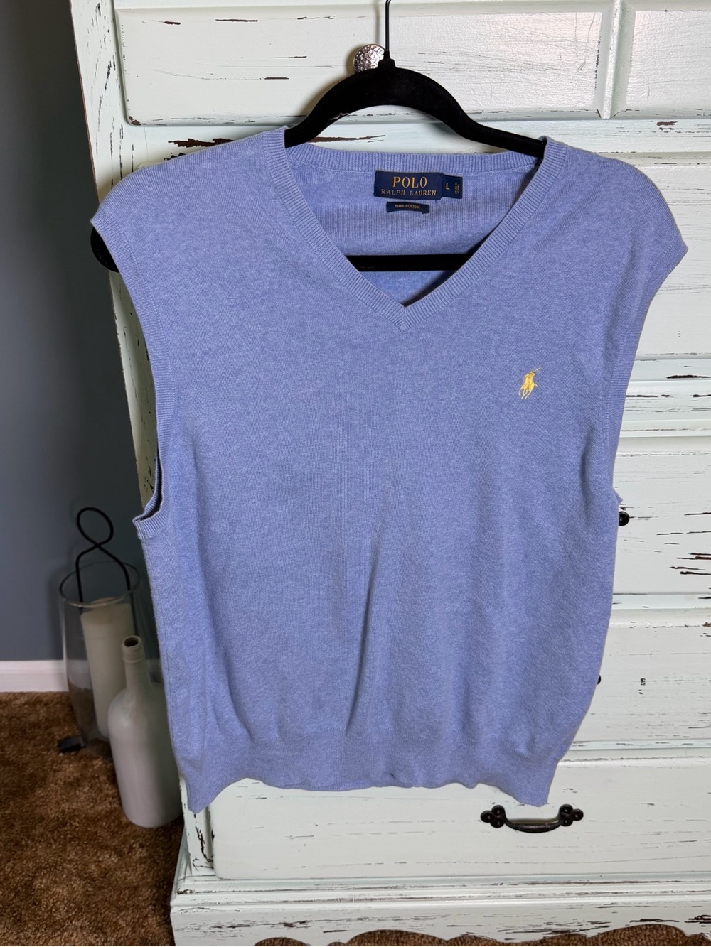 Polo by Ralph Lauren Men's Light Blue V-Neck Sweater Vest. Pima cotton, Lg.